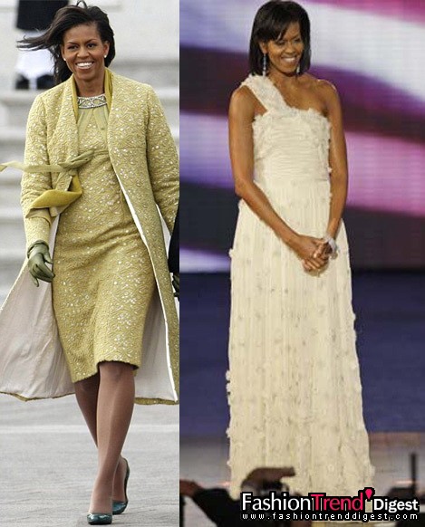 1月21日：Jason Wu和Isabel Toledo的設(shè)計(jì)因被Michelle Obama選擇為就職典禮和晚會(huì)上穿著的服裝而記入了時(shí)尚的歷史。左圖為就職典禮上的Michelle Obama，右圖為晚會(huì)上的Michelle Obama。 