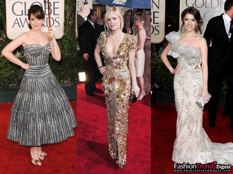 領(lǐng)口<br>
<br>
1. Tina Fey身著Zac Posen 2010度假系列禮服，佩戴Fred Leighton珠寶出席，有種50年代的優(yōu)雅。<br>
<br>
2. Anna Paquin身著金色Stella McCartney禮服，大小不一的金色亮片布滿全身，奢華感十足。<br>
<br>
3. Anna Kendrick身著Marchesa薄荷白色的薄紗禮服，領(lǐng)口帶著荷葉邊裝飾。 