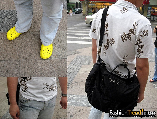名字：楊先生<br>
職業：銷售<br>
年齡：27<br>
上裝：En<br>
褲子：Jack Jones<br>
鞋子：Crocs<br>
包：Agnes B<br>
喜歡的品牌：Zara、Tommy Hilfiger<br>
穿衣風格：牛仔<br>
購買場所：商場、有設計的小店，比如長樂路一些店鋪<br>
時尚媒體：《時尚》、《瑞麗》、《男人裝》<br>
 